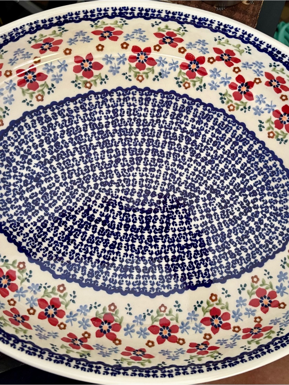 White Ceramic Serving Bowl with Blue and Red Floral Pattern
